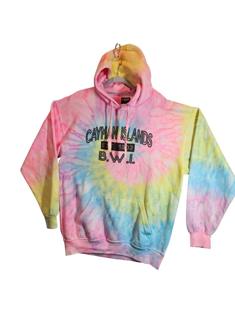 Tie-Dye Womens L Hoodie Cayman Islands Pullover Pink Yellow Blue Beachy Casual